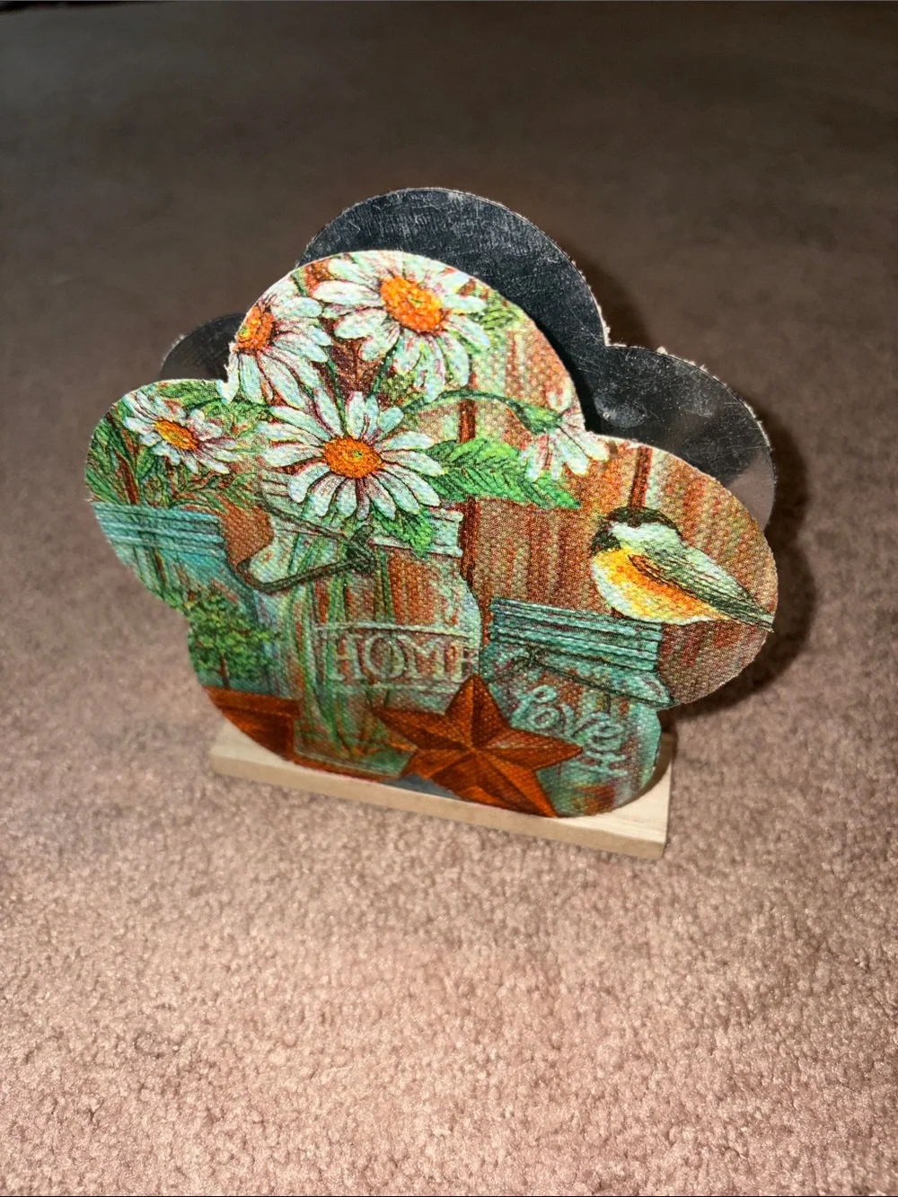 Wooden Daisy & Bird Decorative Shelf Accent - Rustic Home Napkin Holder